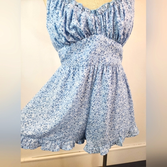 Trixxi Women's Sky Blue Flowy Floral Adjustable Spaghetti Strap Rompers, sz LG - Picture 14 of 16